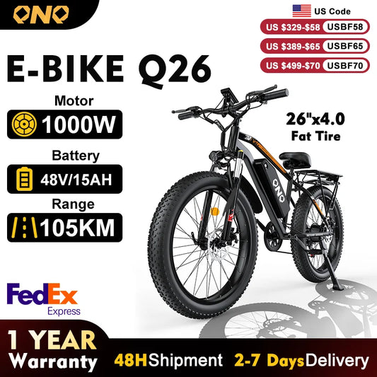 QNQ Q26 Electric Fat Tire Bike 1500W 48V 15Ah Battery Snow E Bike