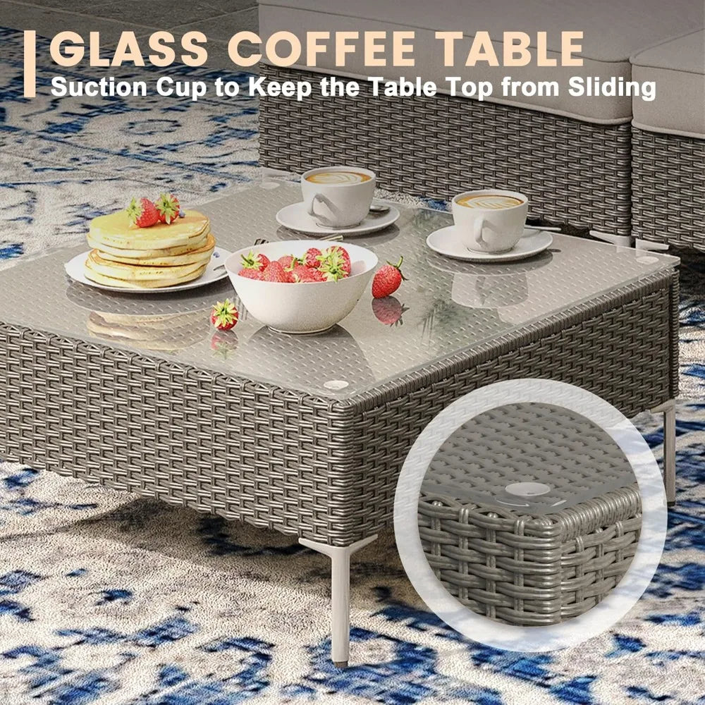 7 Piece Wicker Patio Set Outdoor Sofa Glass Top Table