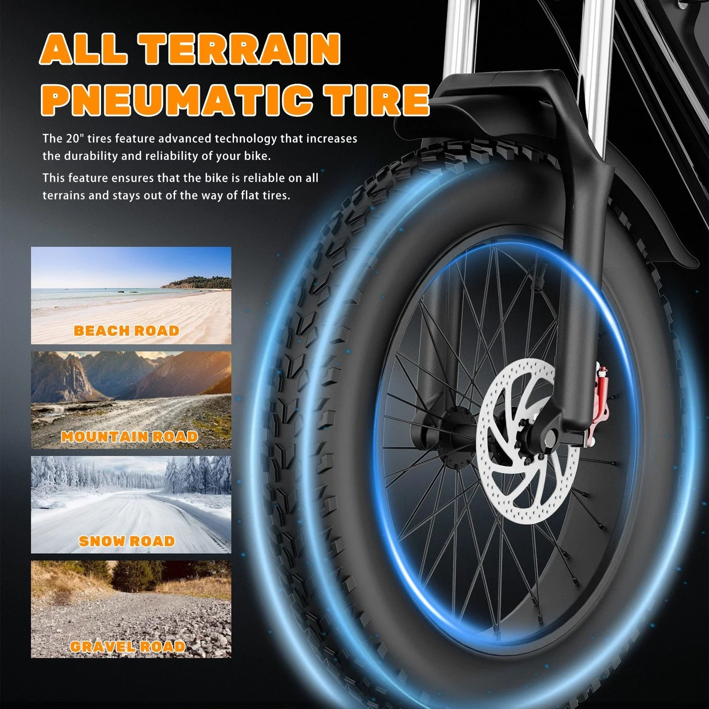 YVY 1500W Fat Tire Electric Bike All Terrain 33MPH 20 Inch Battery 48V