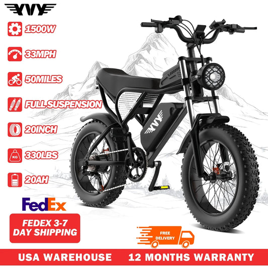 YVY 1500W Fat Tire Electric Bike All Terrain 33MPH 20 Inch Battery 48V