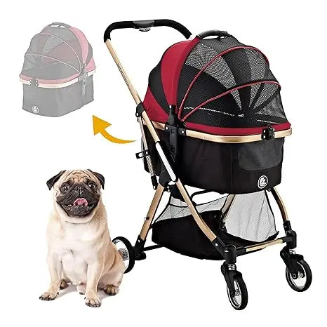 Pista Super Lightweight 3 In 1 Pet Stroller Carrier And Car Seat Red Aluminum Frame