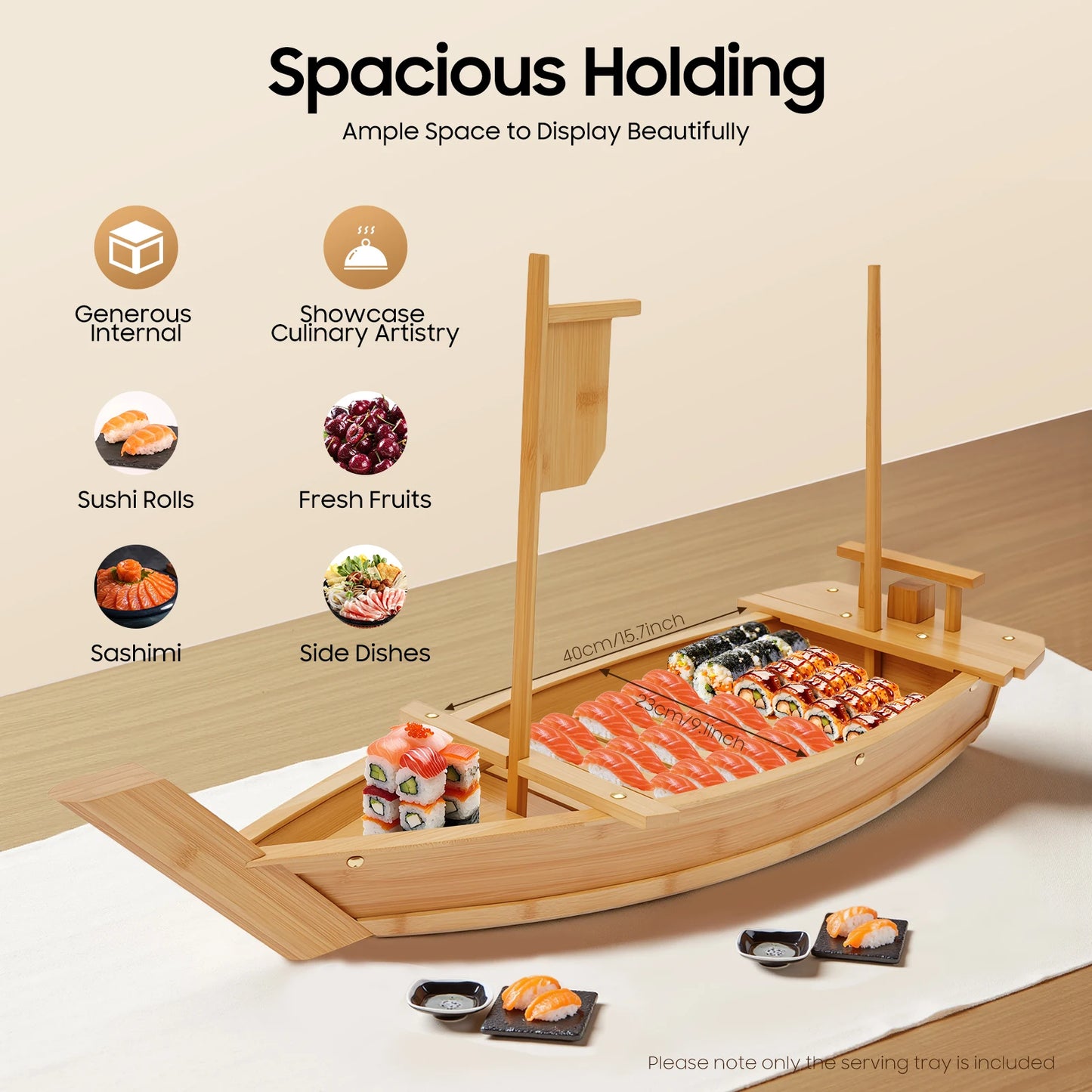 Large Sushi Boat Bamboo Serving Tray With Dry Ice Smoke Effect For Japanese Restaurant Platter