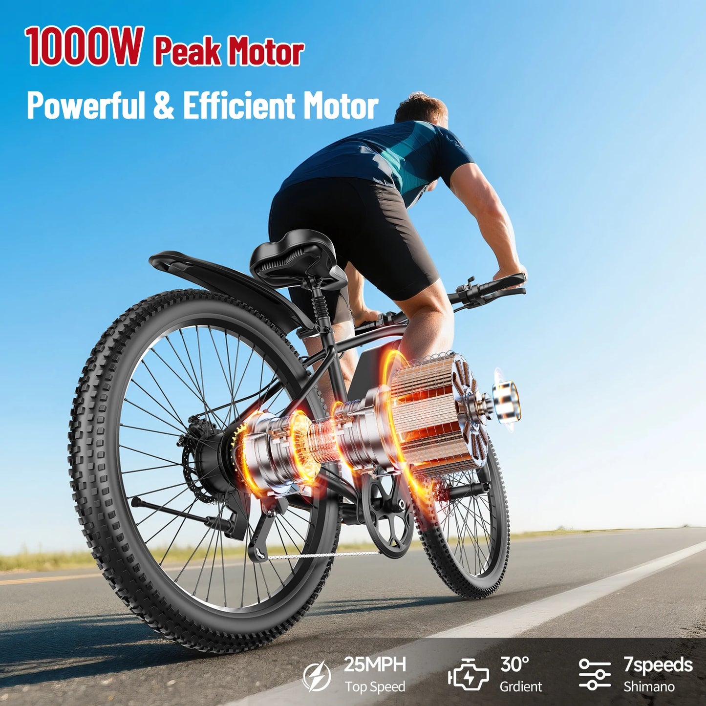 26 Inch Electric Bike For Adults 1000W Peak Motor 25MPH Commuter Ebike
