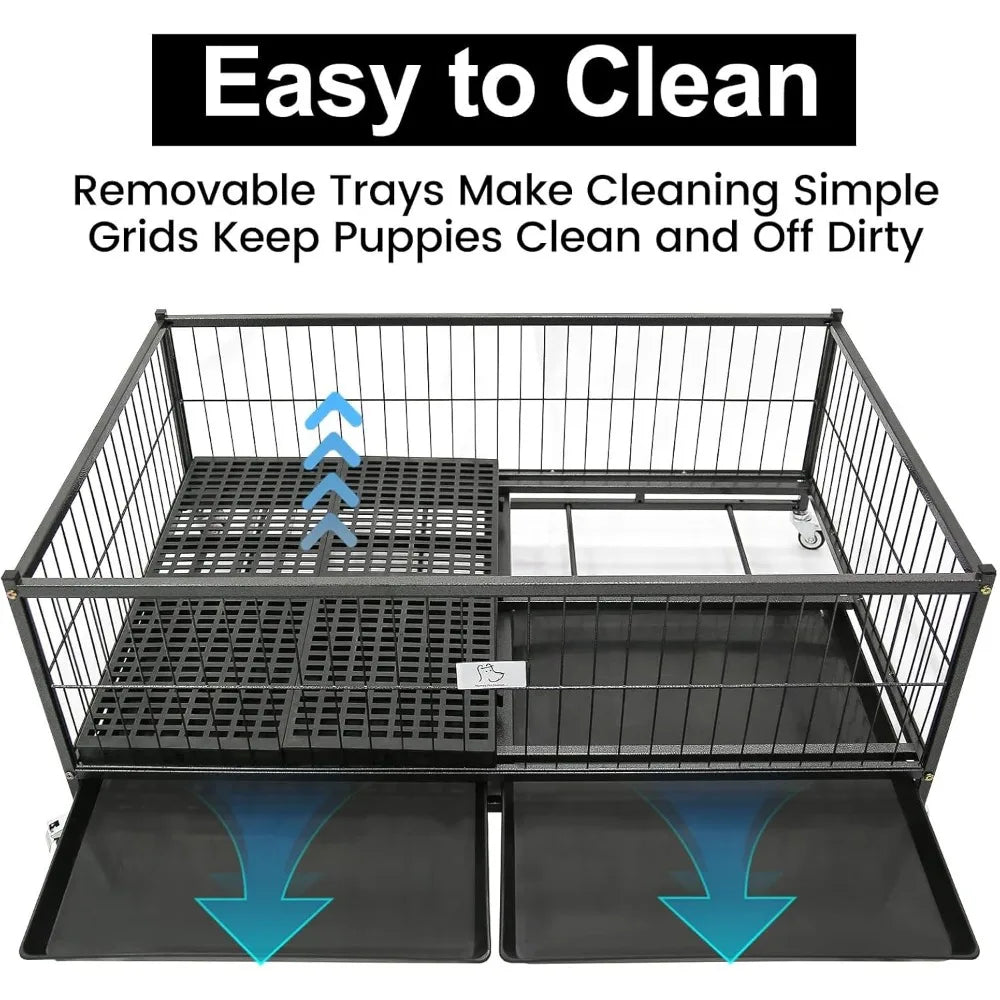 Large Stackable Metal Dog Crate With Wheels For Whelping And Puppies 43 Inch Heavy Duty Cage