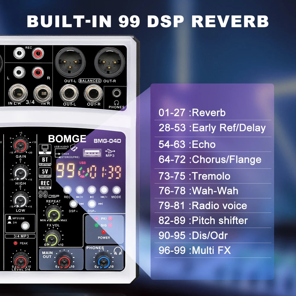 BOMGE 4 Channel DSP Echo DJ Audio Mixer with Bluetooth
