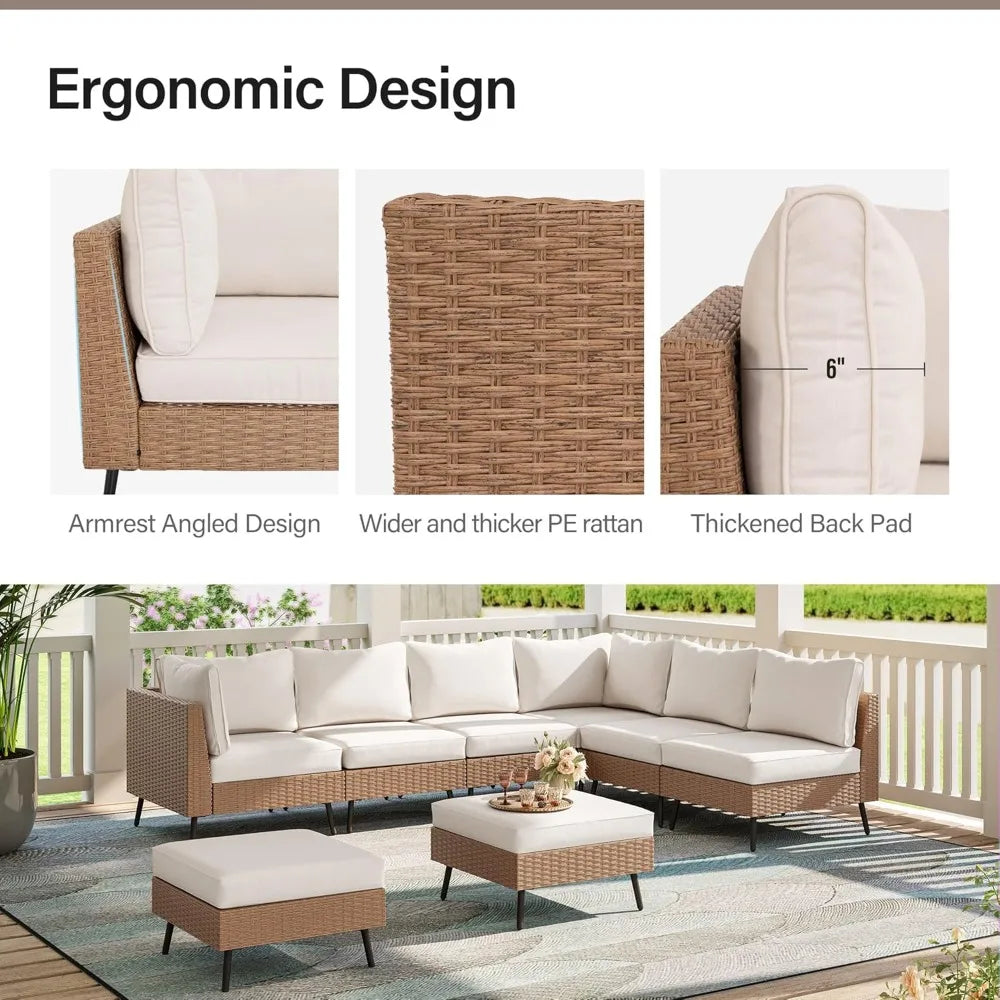 8 Piece Outdoor Sectional Sofa PE Rattan Patio Set Beige