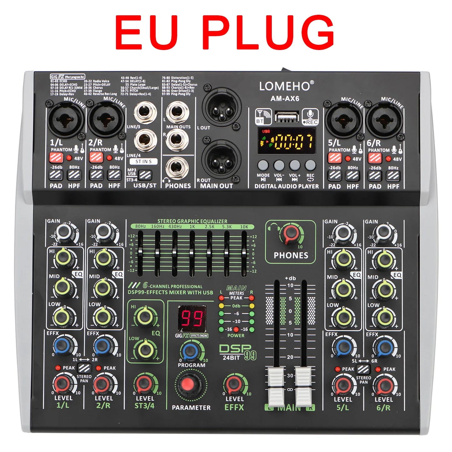 4/6 Channel Lomeho Audio DJ Mixer with Bluetooth and DSP Effects