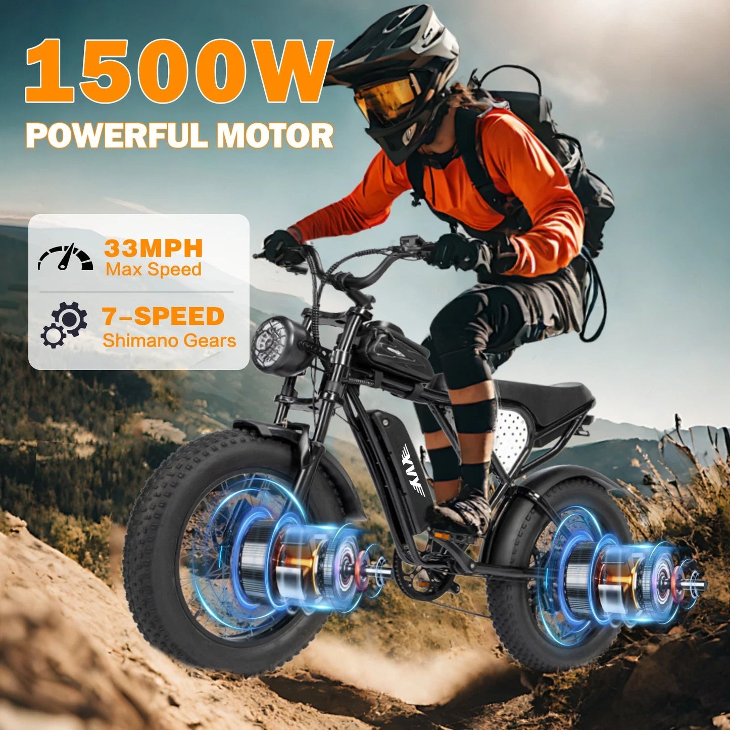 YVY 1500W Fat Tire Electric Bike All Terrain 33MPH 20 Inch Battery 48V