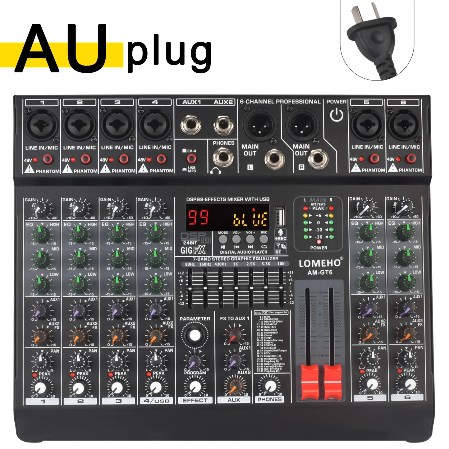 Lomeho 6 Channel Bluetooth Audio Mixer with 99 DSP Effects