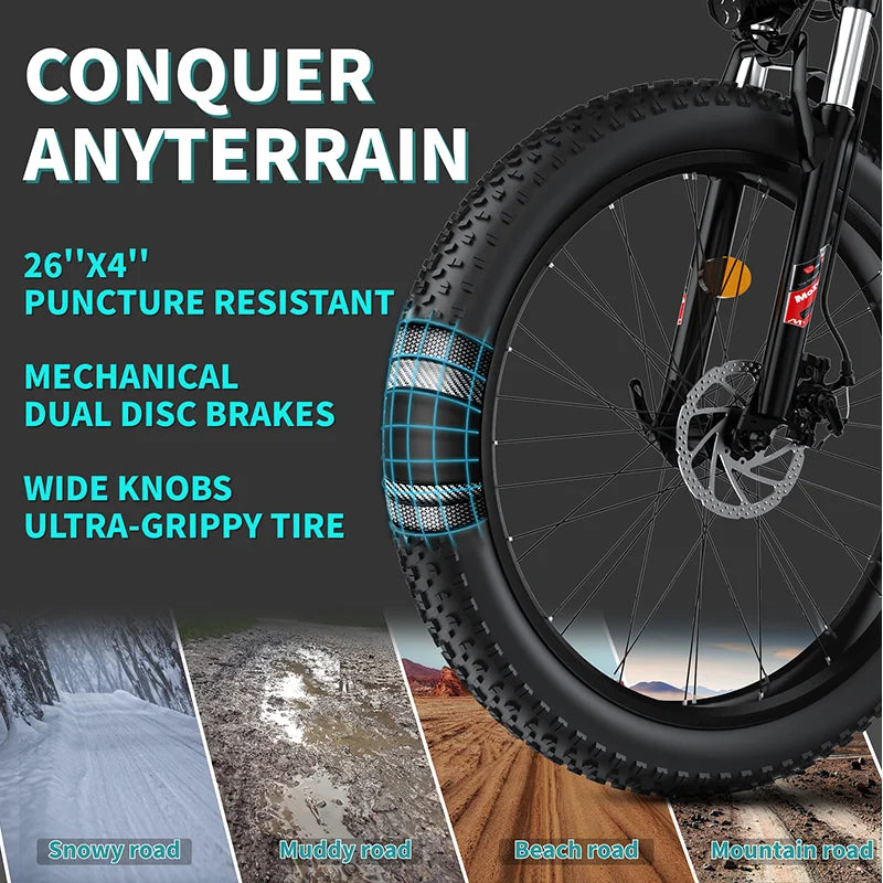 QNQ Q26 Electric Fat Tire Bike 1500W 48V 15Ah Battery Snow E Bike