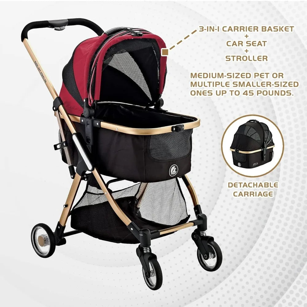 Pista Super Lightweight 3 In 1 Pet Stroller Carrier And Car Seat Red Aluminum Frame