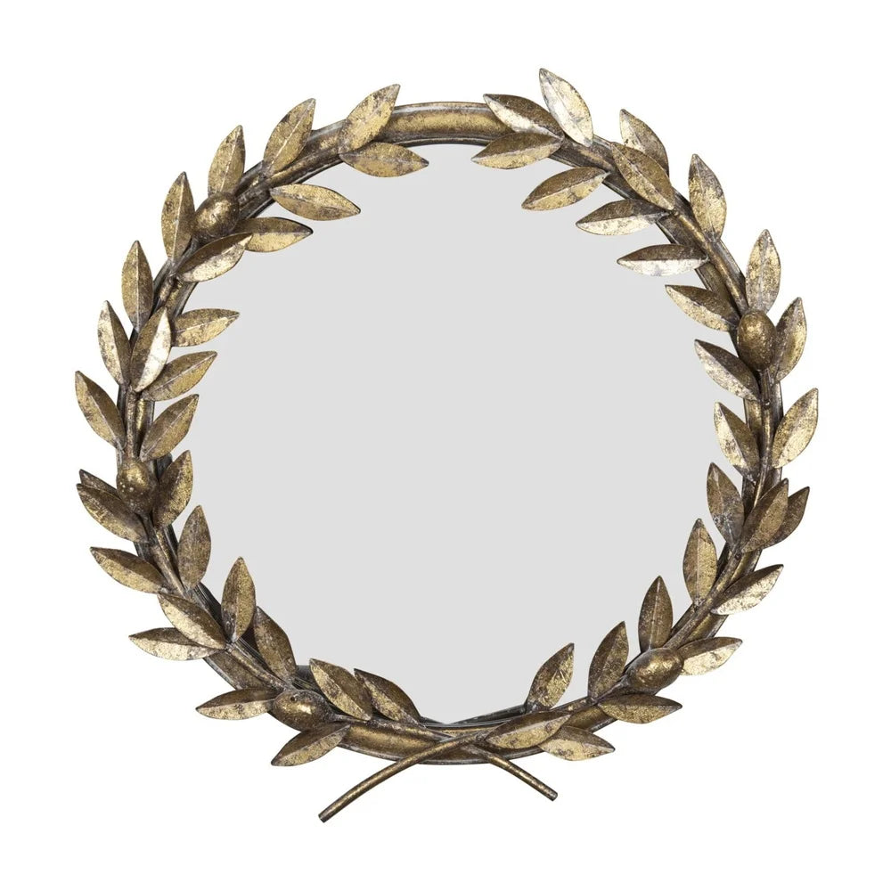 Round Metal Laurel Wreath Wall Mirror Gold Accent Decor