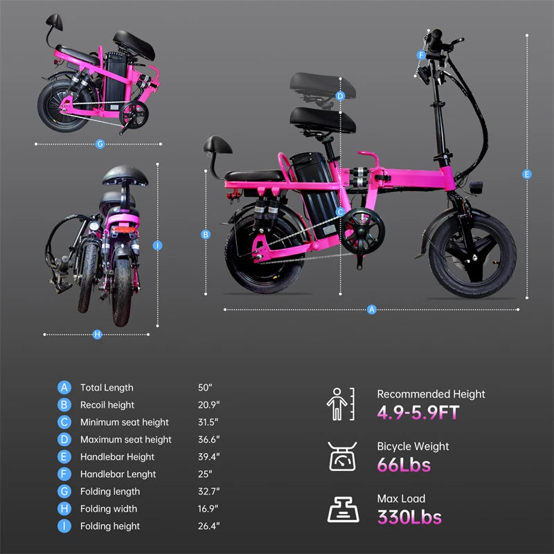 Folding Electric Bicycle 500W Peak Motor 48V 20Ah Long Range Commuter Bike