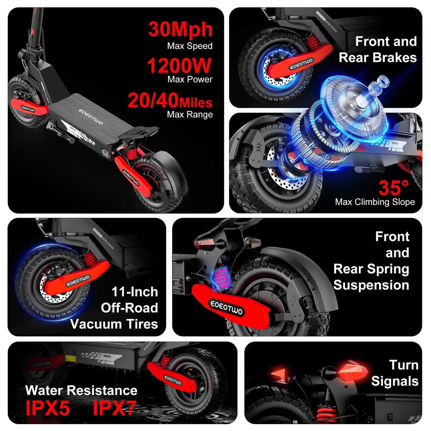 EOEOTWO GT06 Electric Scooter 1200W Dual Suspension Up To 30 MPH