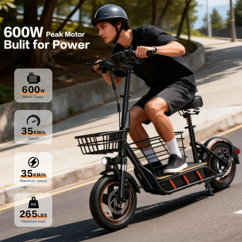 600W Electric Scooter With Seat For Adults 120Kg Load 35 Kmh Front Suspension