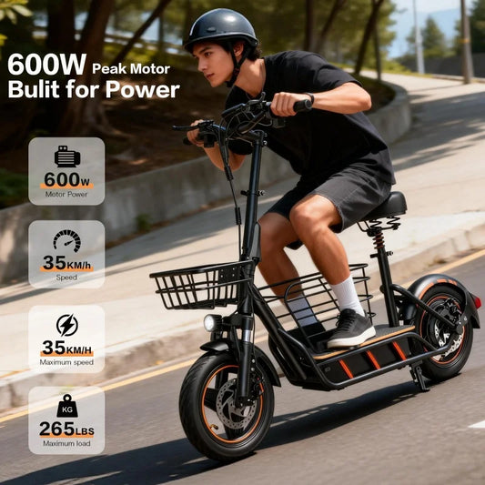 600W Electric Scooter With Seat For Adults 120Kg Load 35 Kmh Front Suspension