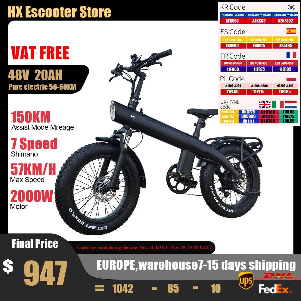 HX Q3 2000W Foldable 20 Inch Fat Tire Electric Bike Removable Battery 48V 20Ah