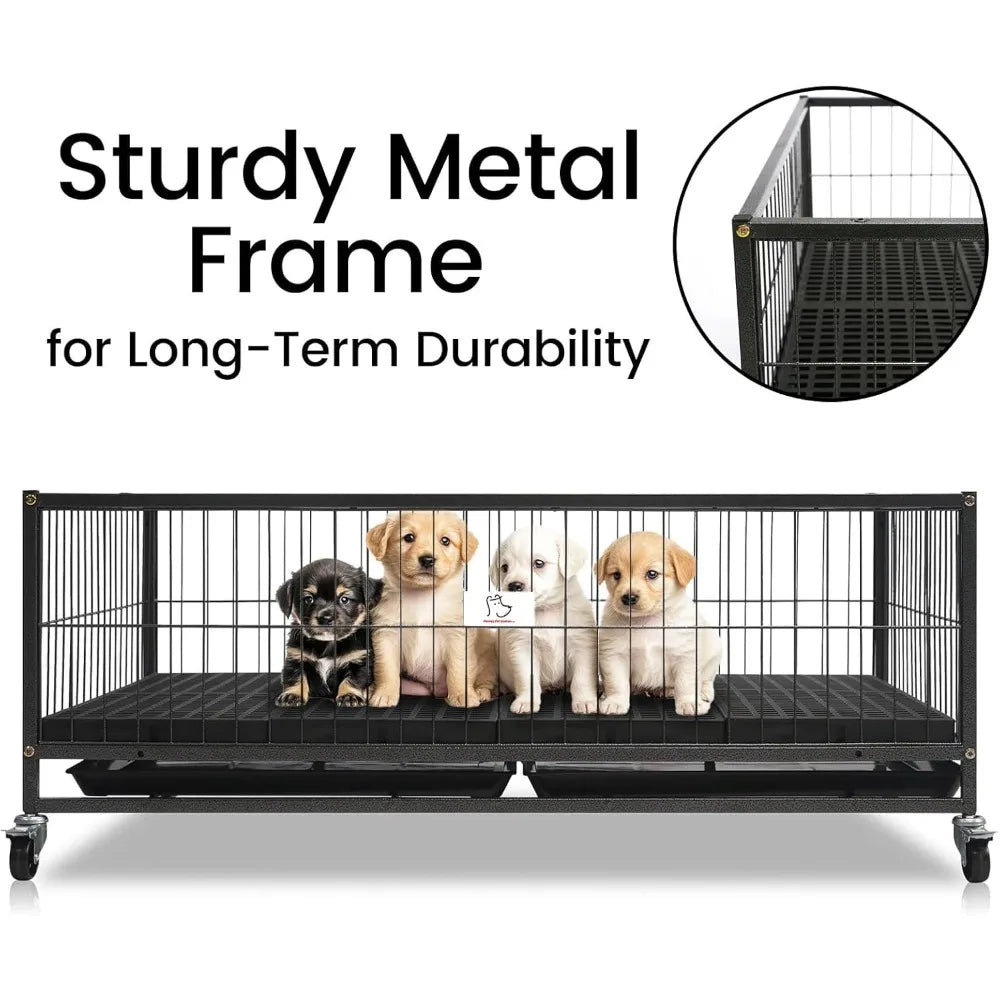 Large Stackable Metal Dog Crate With Wheels For Whelping And Puppies 43 Inch Heavy Duty Cage