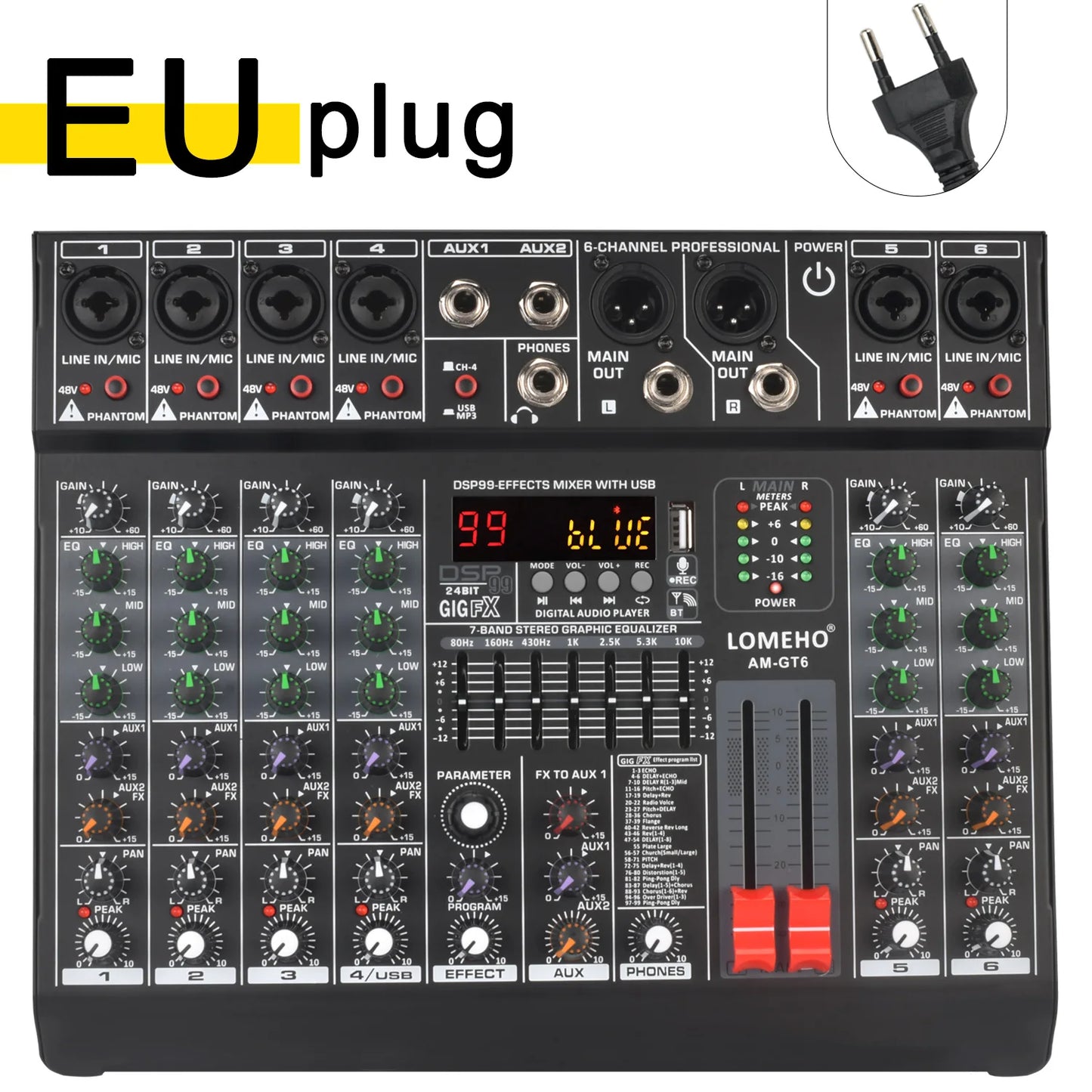 Lomeho 6 Channel Bluetooth Audio Mixer with 99 DSP Effects