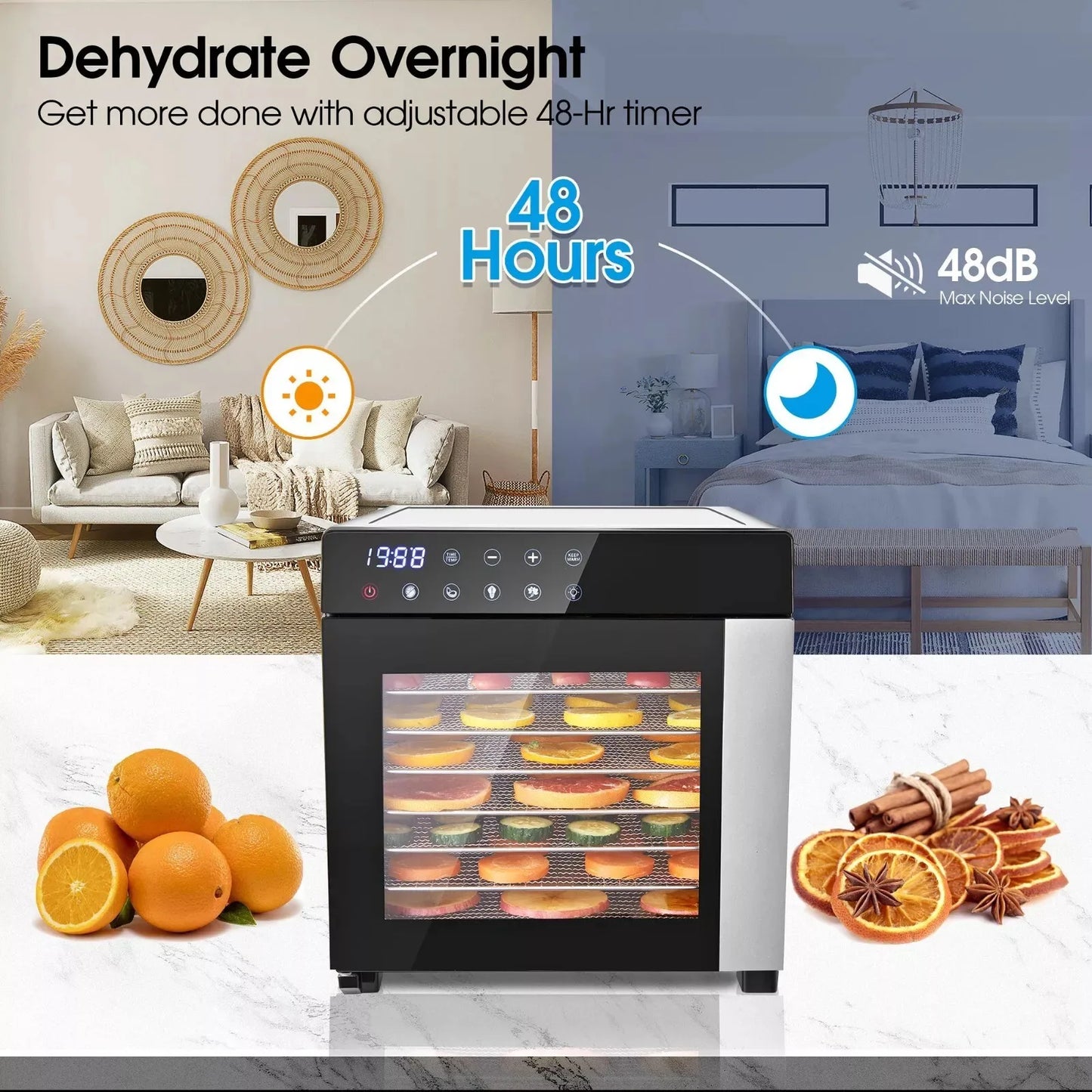 8 Tray Stainless Steel Food Dehydrator 600W 4 Presets