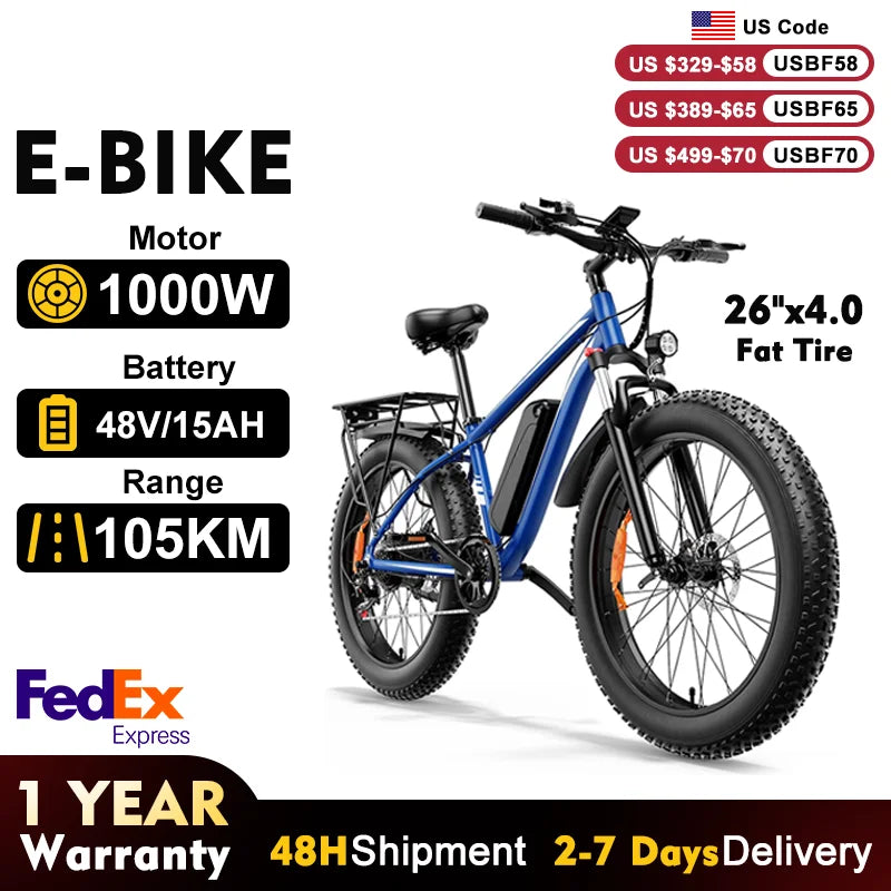 Blue 1000W Off Road E Bike With 48V 15Ah Battery For Men