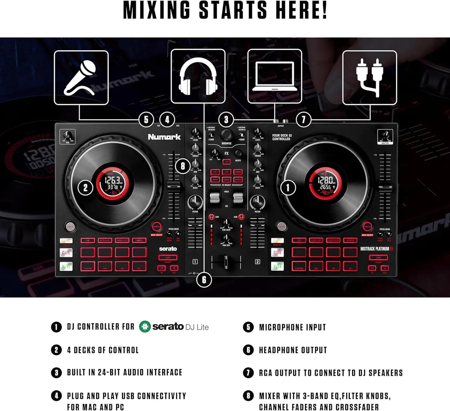 Professional DJ Mixer with Built-in Audio Interface and FX Paddles