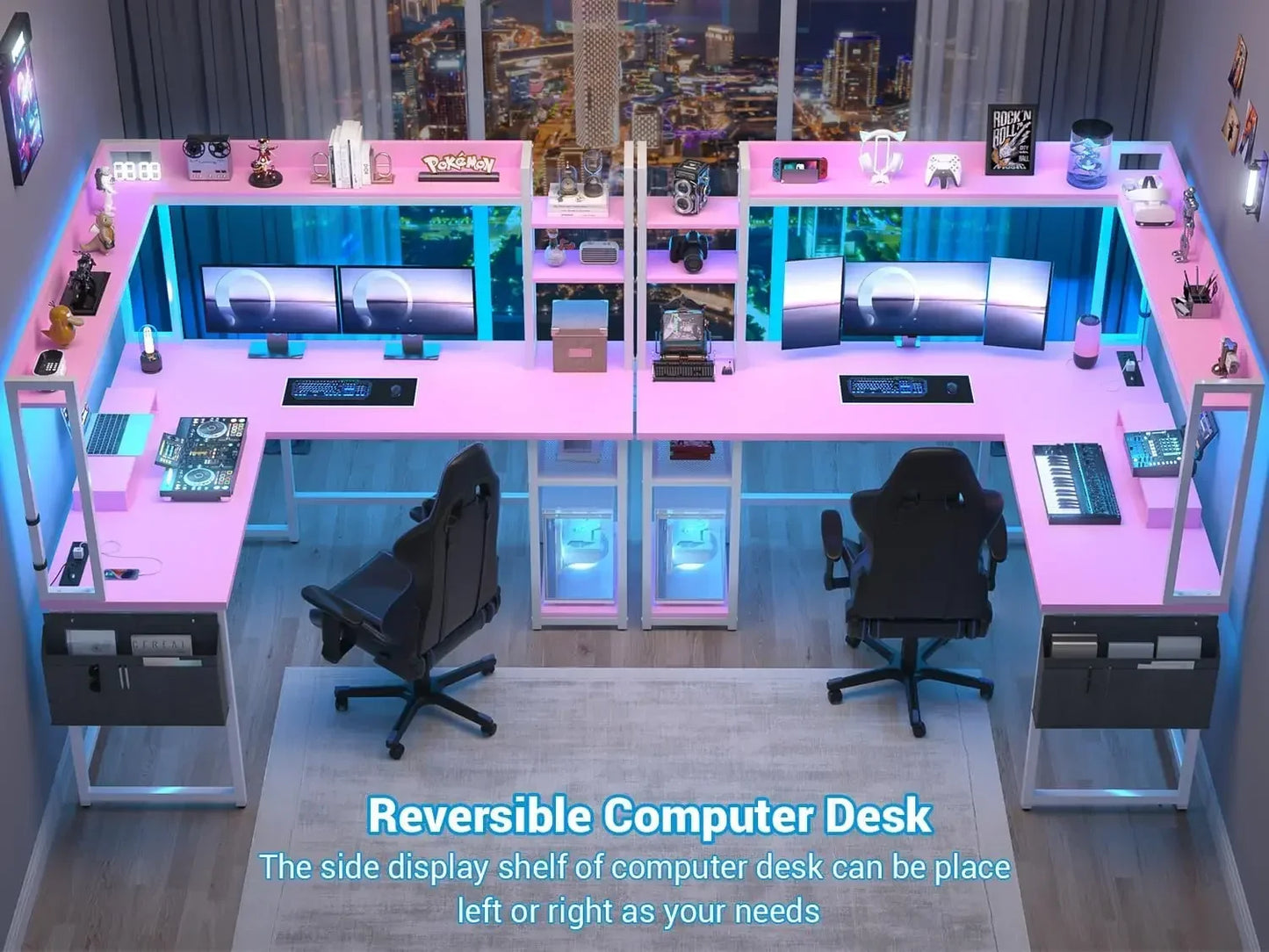 L Shaped Gaming Desk With Led Light Hutch And Power Outlet