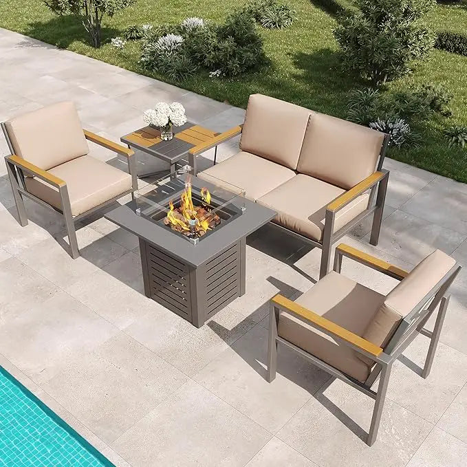 HUANZHUANG 5 Piece Modern Outdoor Patio Set With Fire Pit