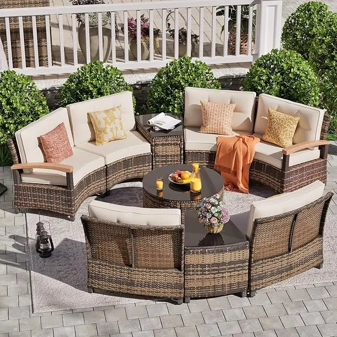 Half Moon Outdoor Patio Rattan Sofa Set With Wood Armrests