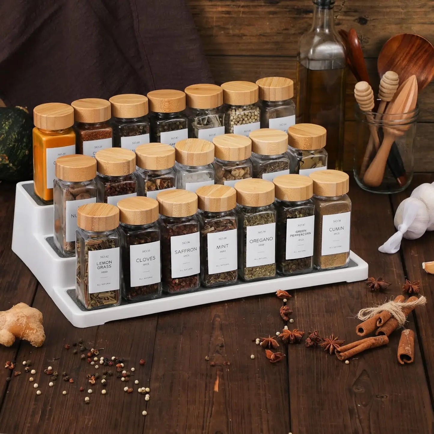 24 Piece Glass Spice Jars With Bamboo Lids 4 Oz Collapsible Funnel And Farmhouse Labels For Spice Rack