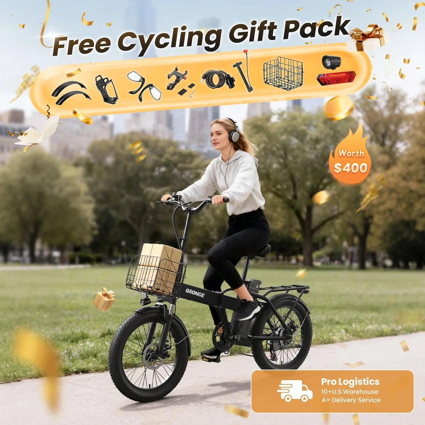 QRONGE Folding Electric Bike 1000W 28 MPH 48V Removable Battery 20 Inch Fat Tire