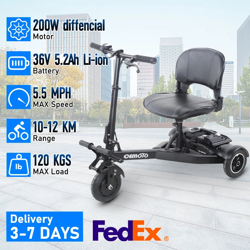 Aluminum Three Wheel Foldable Electric Scooter For Seniors 9kmh Lightweight
