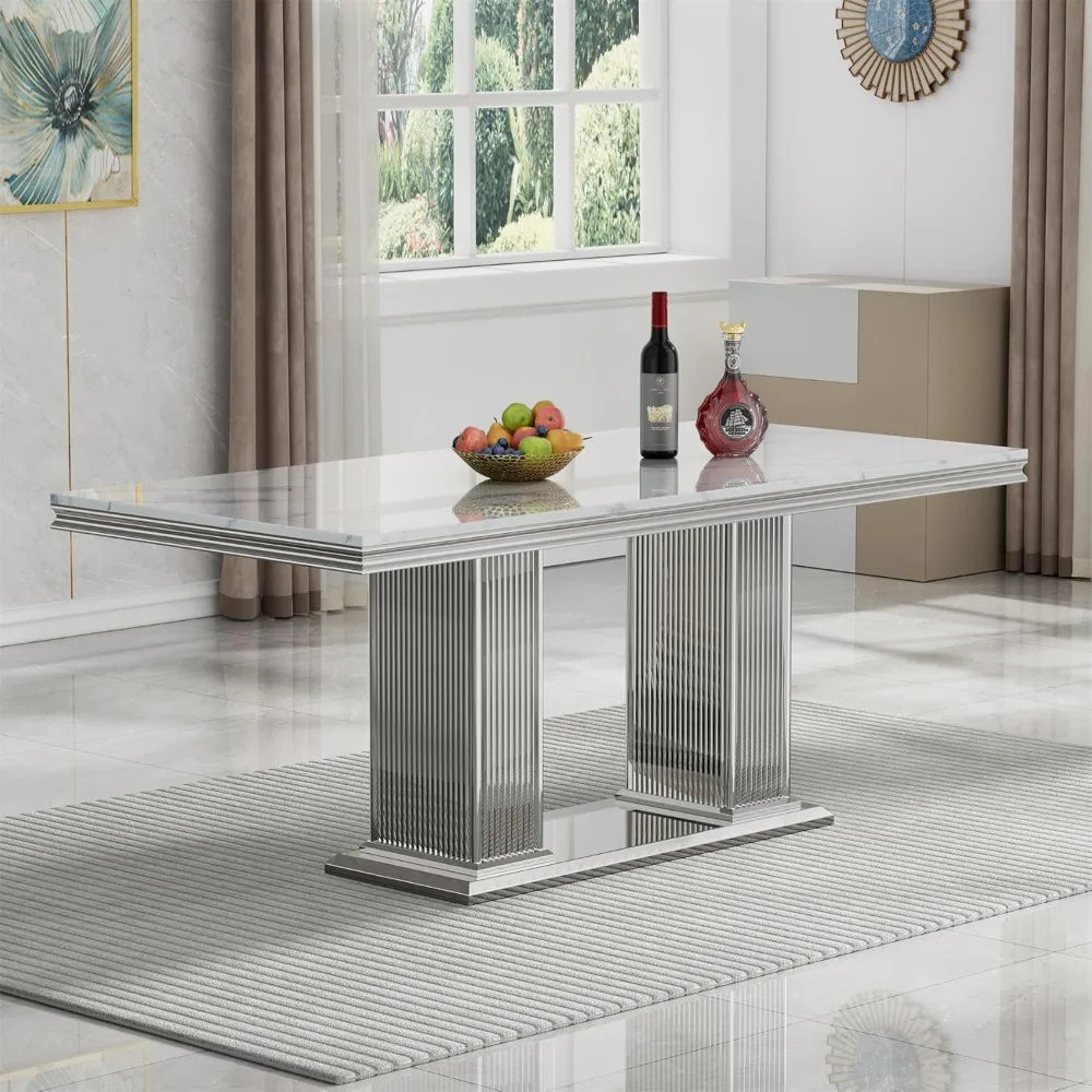 Modern Seven Piece Faux Marble Dining Set For 6 With Chairs