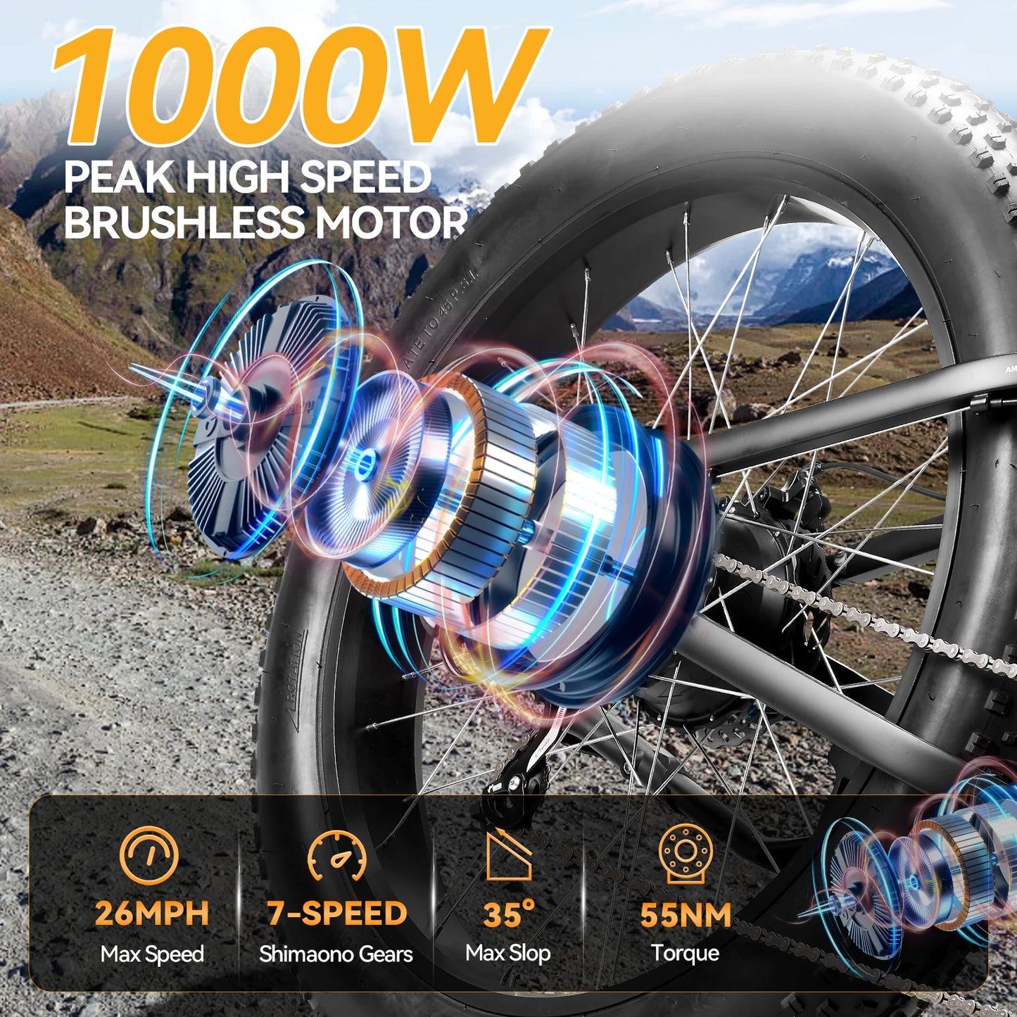 ZNH 1000W Fat Tire Electric Bike For Adults 26 MPH 48V 13Ah