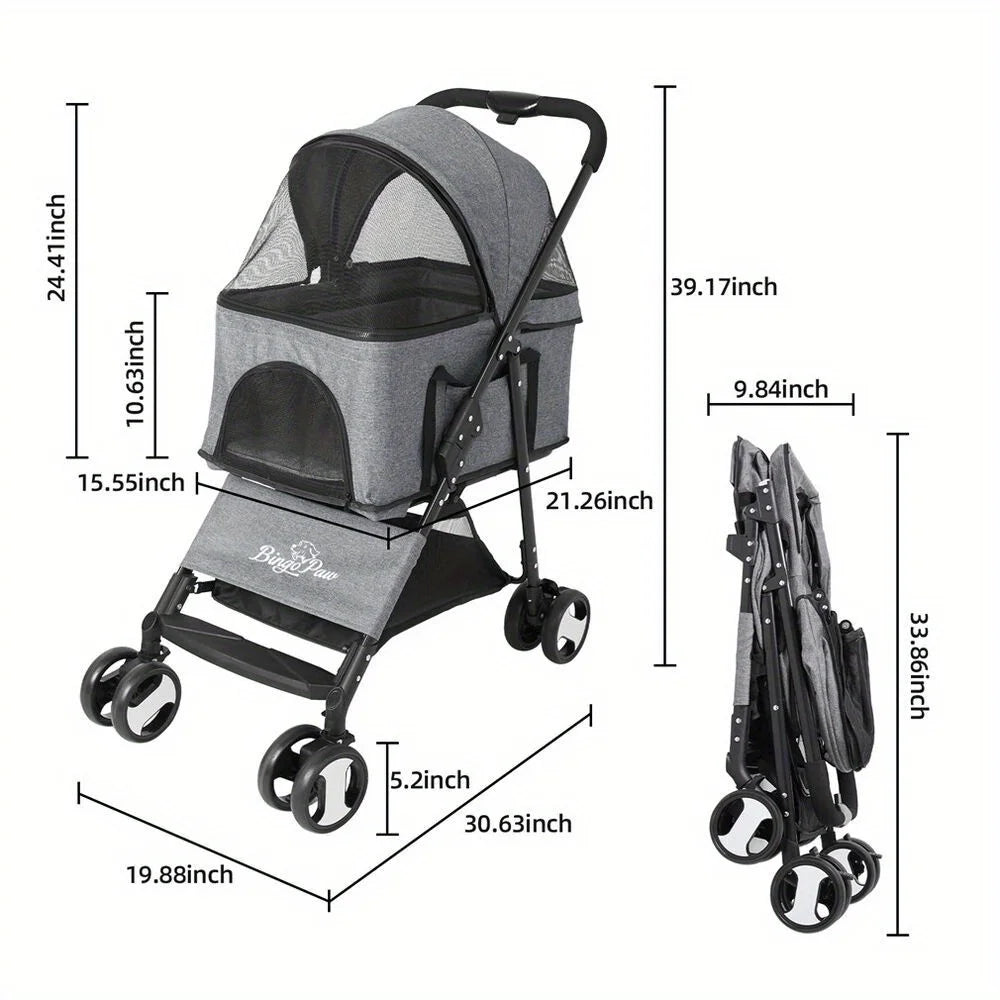 XXL Foldable Pet Stroller For Dogs Travel Jogger Pushchair With Storage Basket Grey 600D Linen