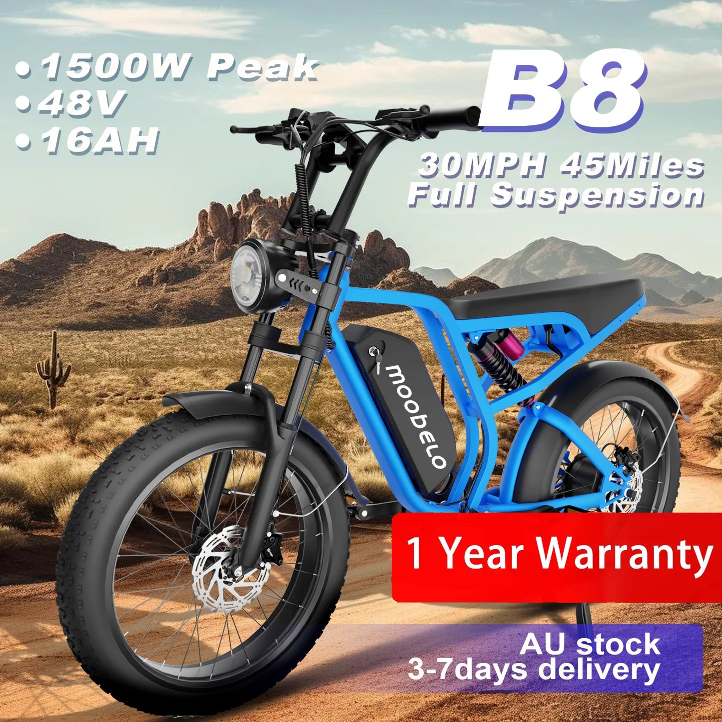 Moobelo B8 All Weather Winter Ebike 1500W Peak 30MPH Full Suspension Snow