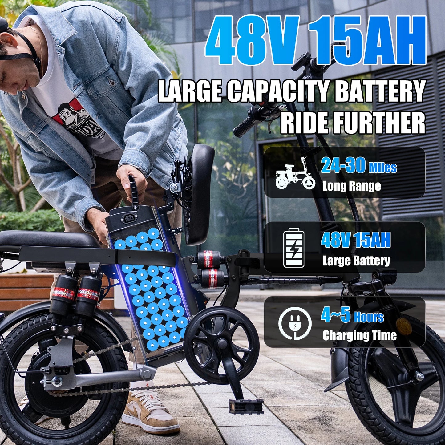 Folding Electric Bike 48V 15Ah Removable Battery 20 MPH