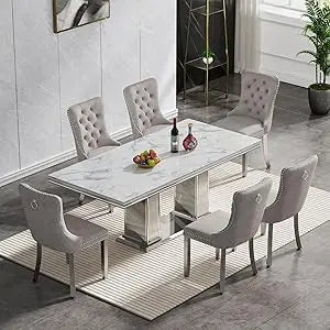 Modern Seven Piece Faux Marble Dining Set For 6 With Chairs