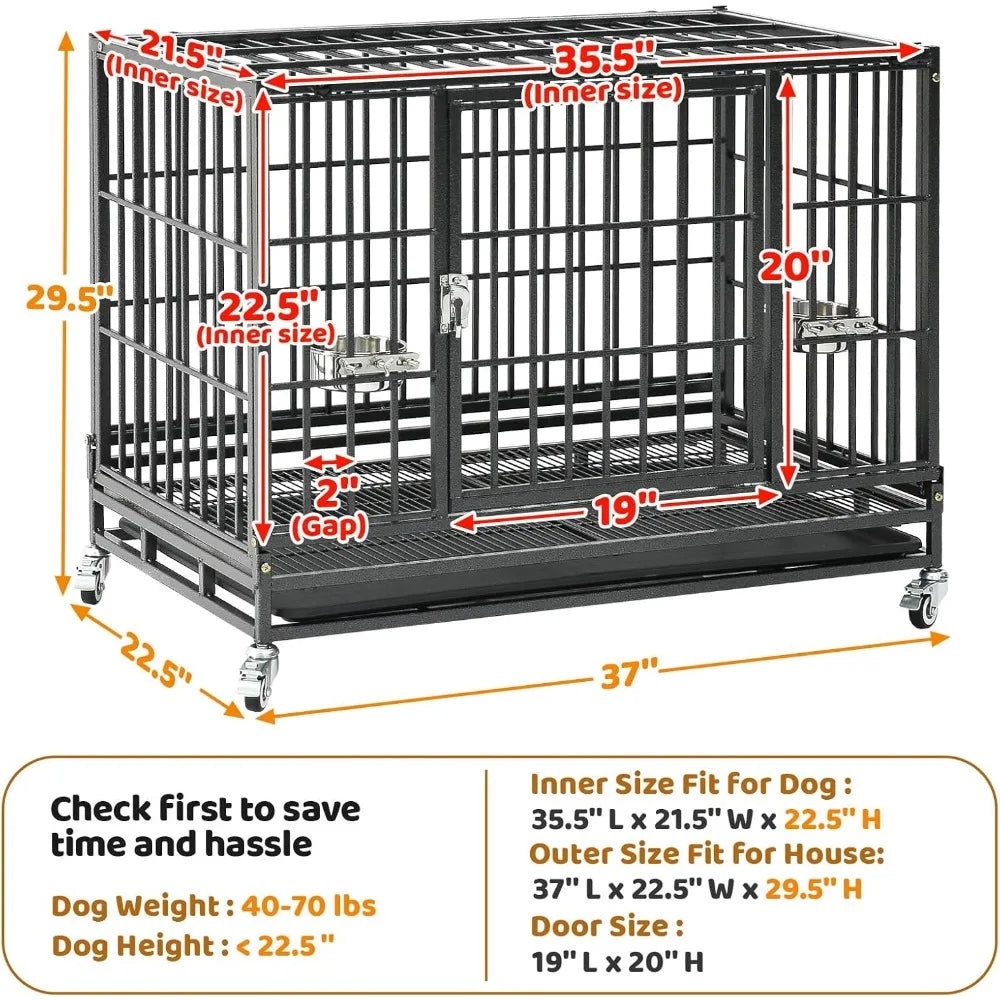 37 Inch Stackable Heavy Duty Dog Crate With Lockable Wheels And Removable Tray Escape Proof Cage For Dogs Indoor Use