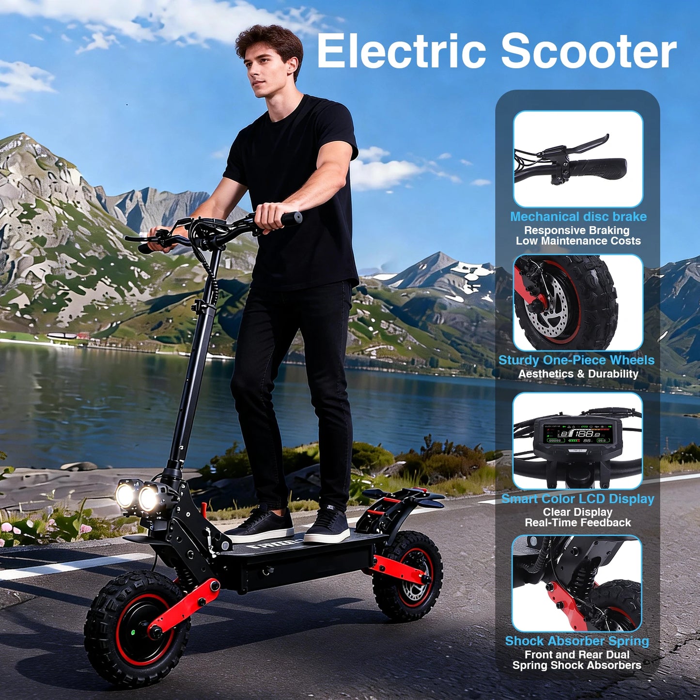 Electric Scooter 2400W Dual Motor 35 MPH 40 To 60km Range Dual Suspension