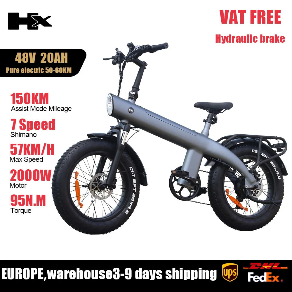 HX Q3 2000W Foldable 20 Inch Fat Tire Electric Bike Removable Battery 48V 20Ah