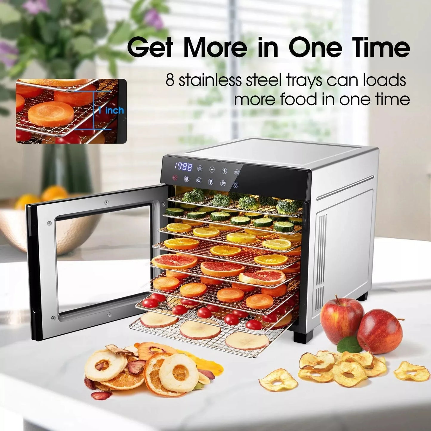 8 Tray Stainless Steel Food Dehydrator 600W 4 Presets