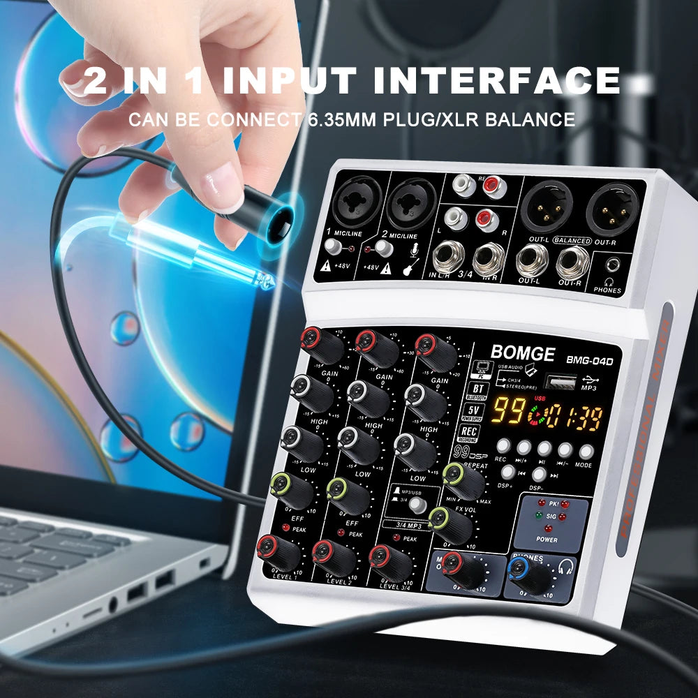 BOMGE 4 Channel DSP Echo DJ Audio Mixer with Bluetooth