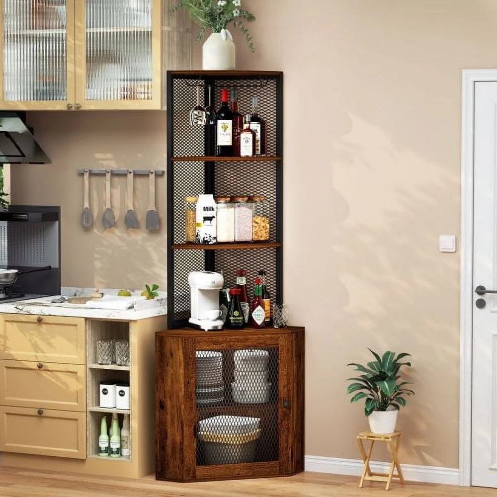 65 Inch Corner Cabinet With Doors 6 Tier Storage Wine Glass