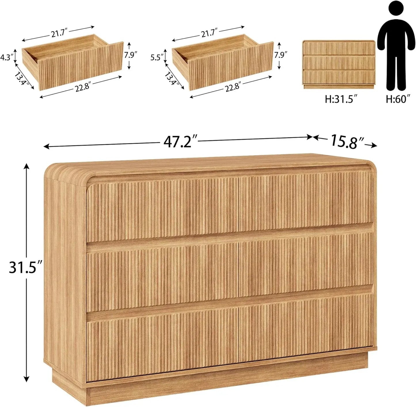 Modern Curved 6 Drawer Dresser 48W Wood Chest Bedroom