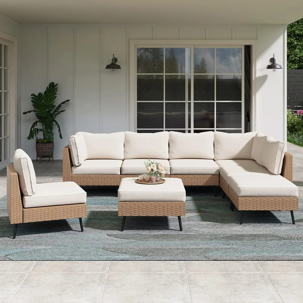 8 Piece Outdoor Sectional Sofa PE Rattan Patio Set Beige