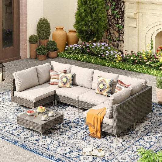 7 Piece Wicker Patio Set Outdoor Sofa Glass Top Table