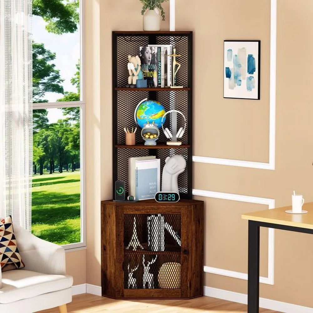 65 Inch Corner Cabinet With Doors 6 Tier Storage Wine Glass