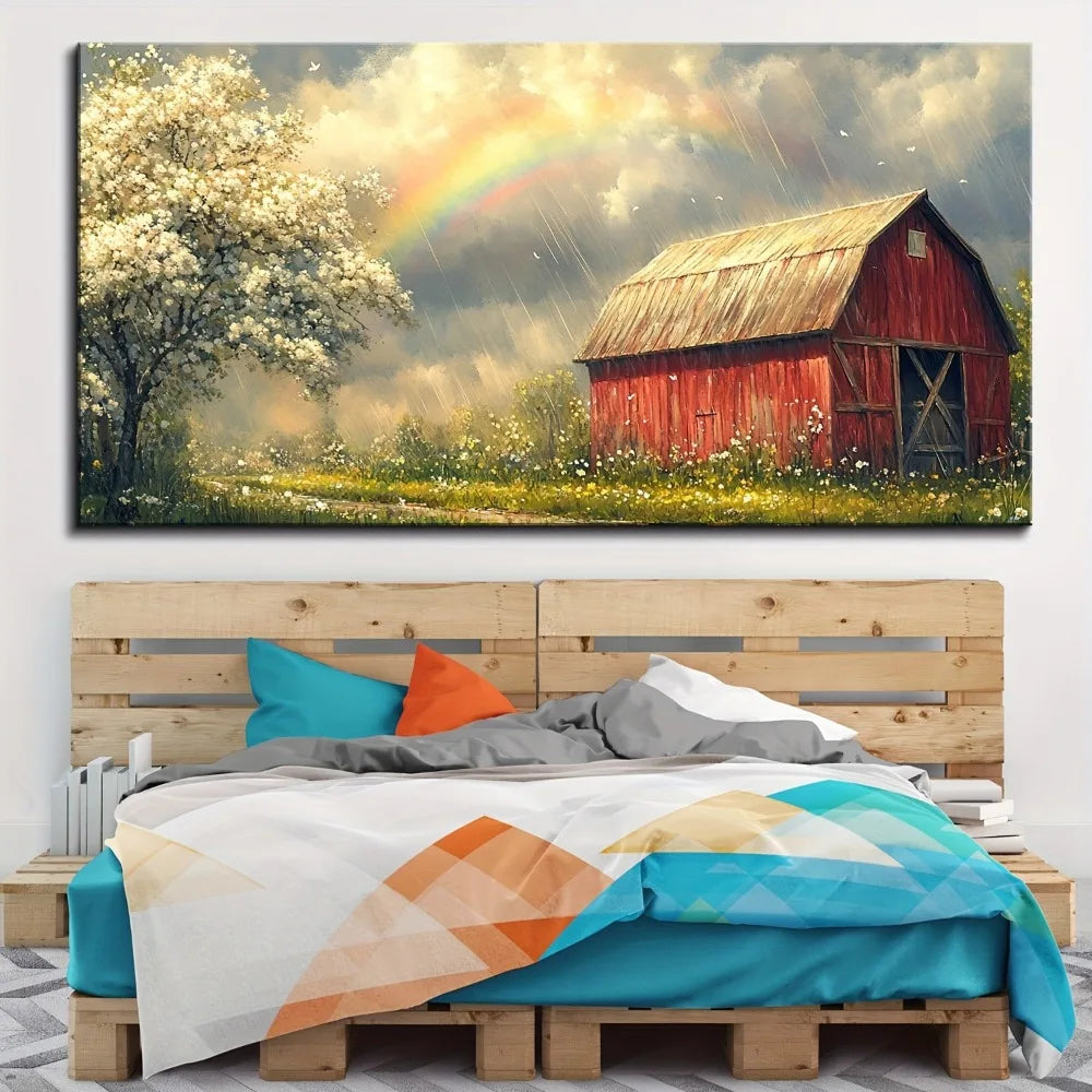 1.5 Inch Thick Pine Frame Red Barn Canvas Mural Country Landscape Poster For Kitchen Living Room Bedroom Decor