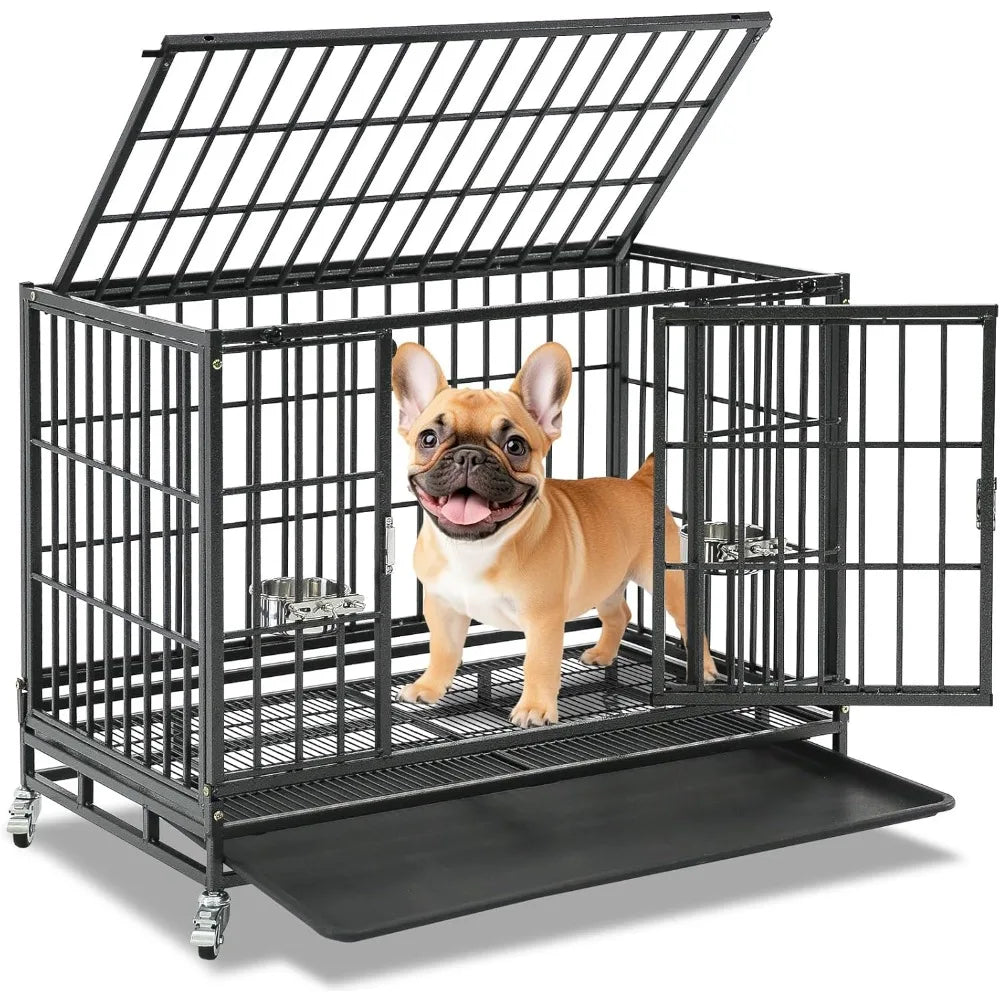 37 Inch Stackable Heavy Duty Dog Crate With Lockable Wheels And Removable Tray Escape Proof Cage For Dogs Indoor Use